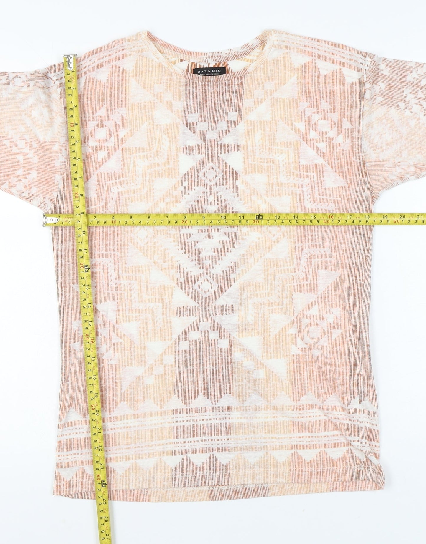 Zara Man Men’s Beige Aztec Print Linen Blend T-Shirt Size S