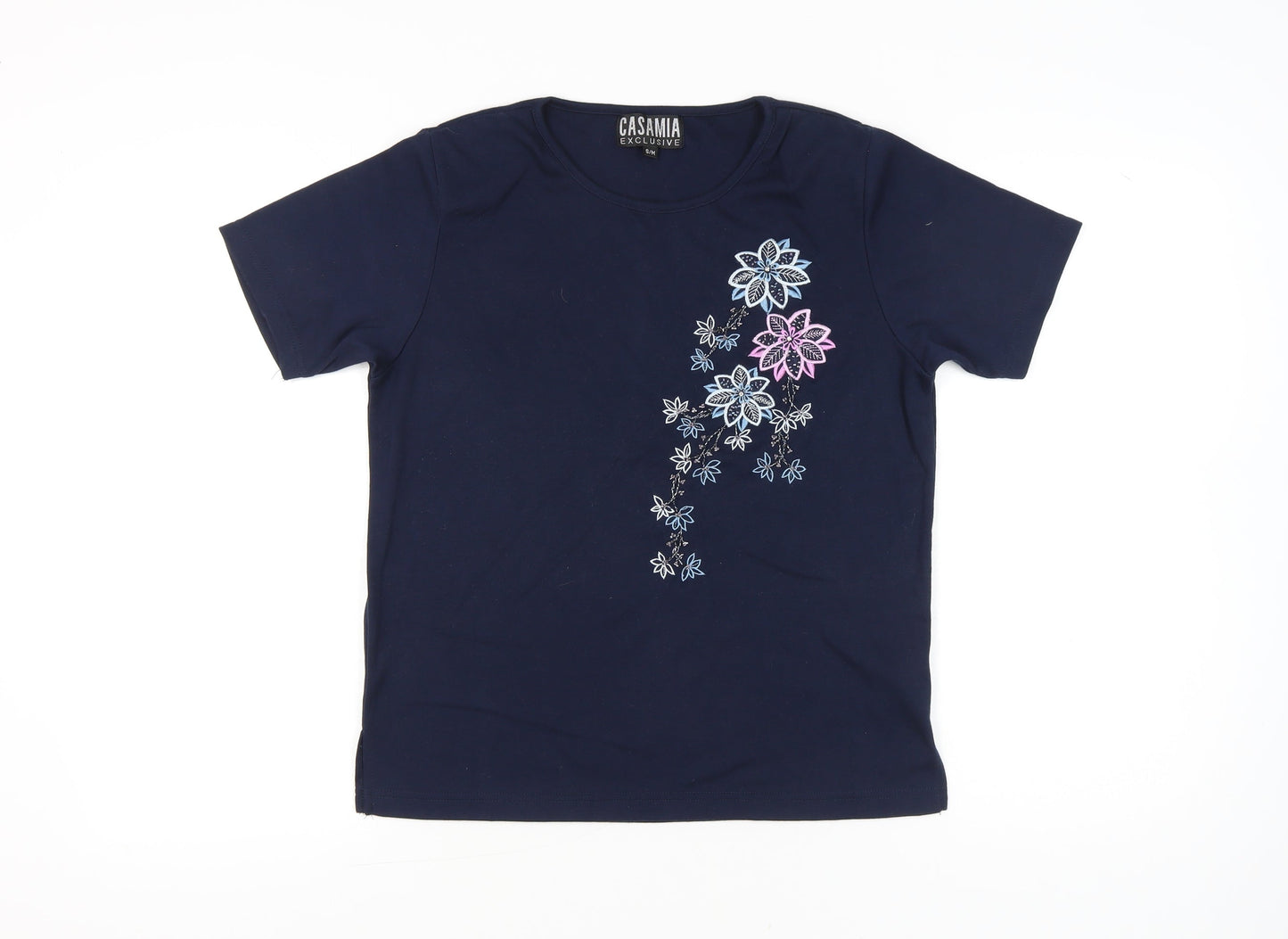 Casamia Women’s Blue Embroidered Floral T-Shirt S Short Sleeve