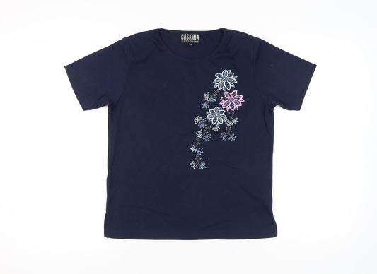 Casamia Women’s Blue Embroidered Floral T-Shirt S Short Sleeve