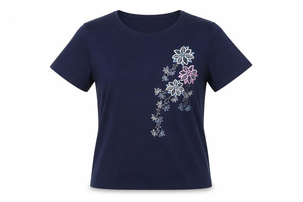 Casamia Women’s Blue Embroidered Floral T-Shirt S Short Sleeve