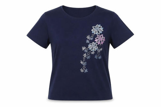 Casamia Women’s Blue Embroidered Floral T-Shirt S Short Sleeve