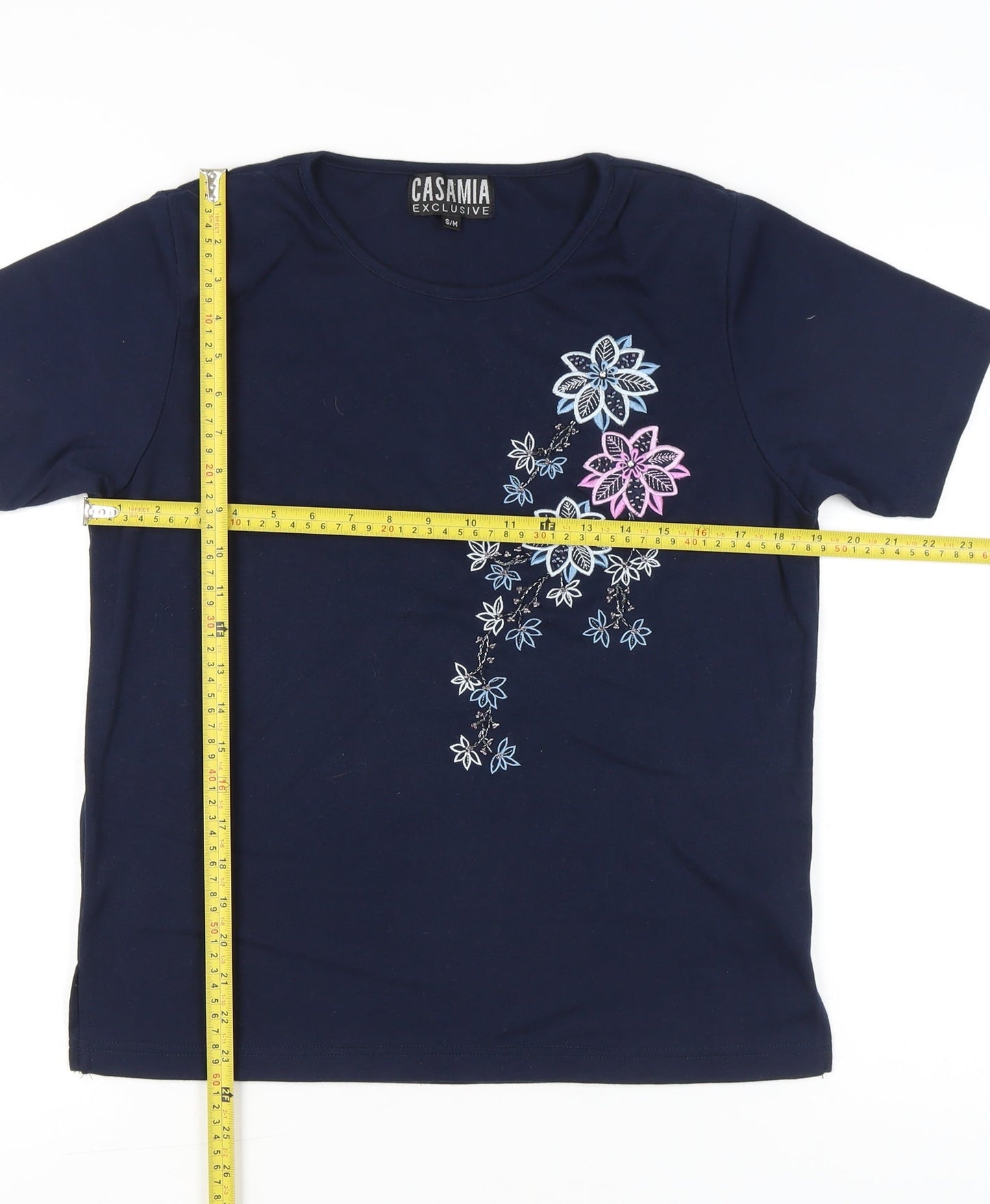 Casamia Women’s Blue Embroidered Floral T-Shirt S Short Sleeve