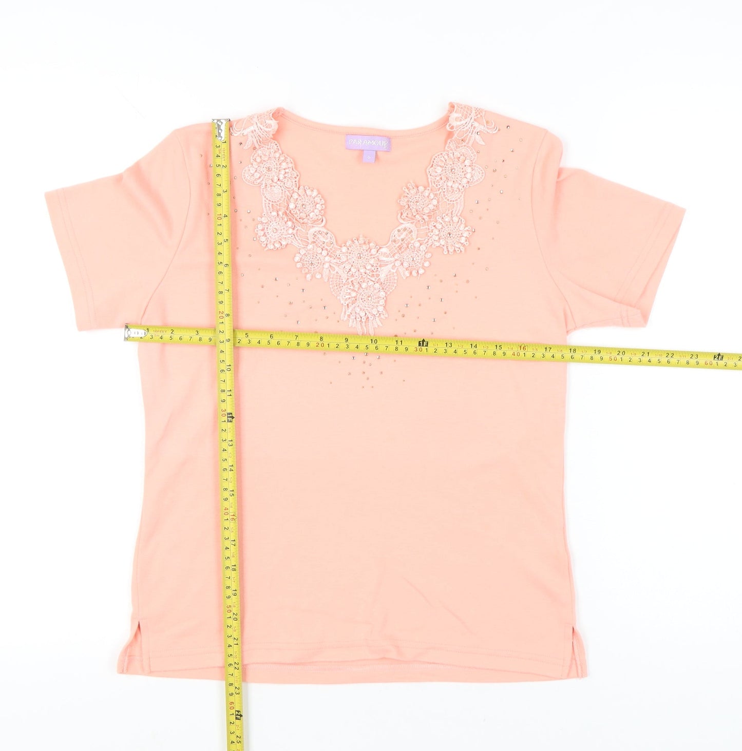 Paramour Womens Pink Scoop Neck Beaded Short Sleeve T-Shirt Size S