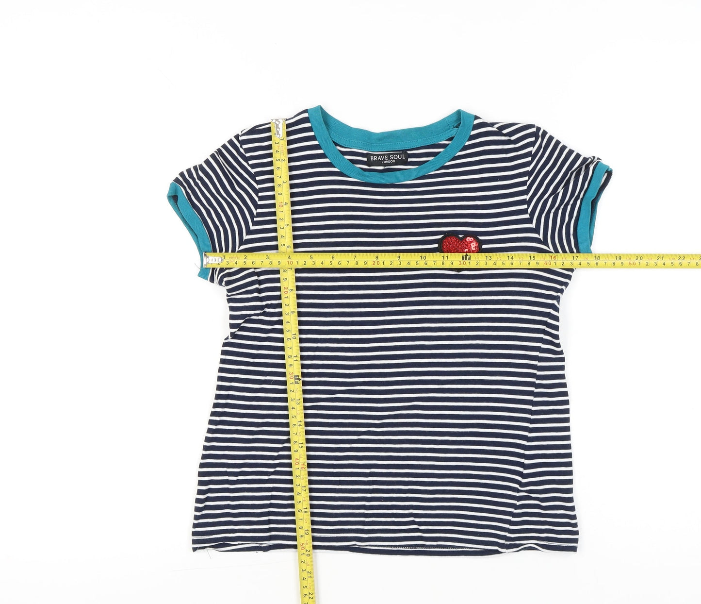Brave Soul Women’s XS Blue Striped Sequin Heart Cotton T-Shirt