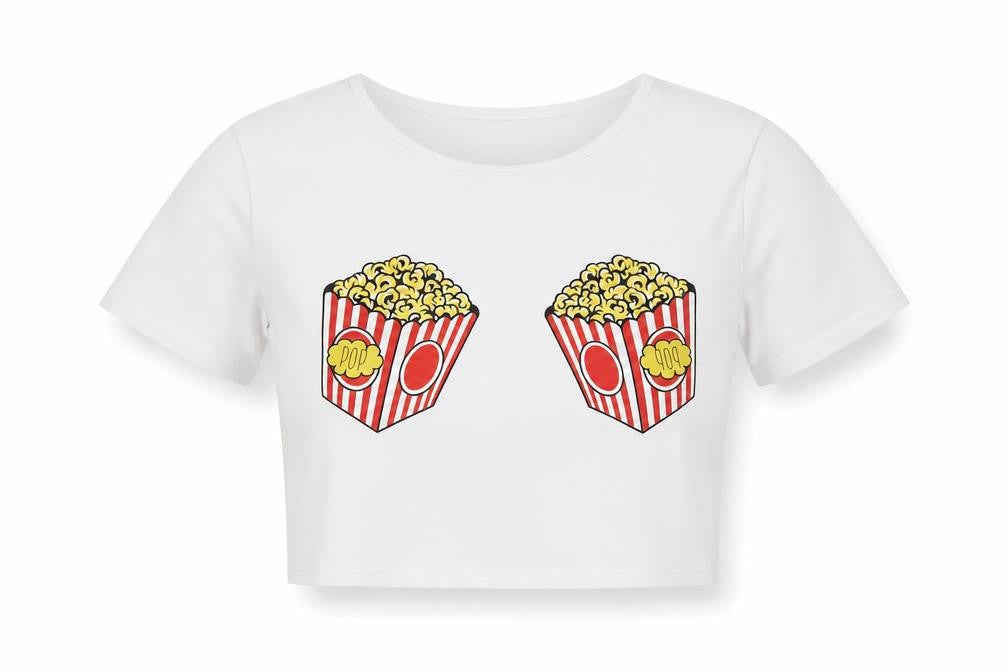 PRETTYLITTLETHING Womens White Size 4 Cropped Popcorn Print T-Shirt