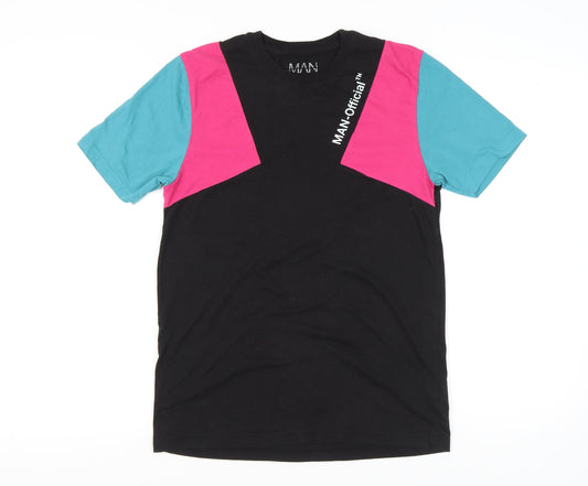 boohooMAN Men’s Colourblock Retro Black Pink Blue T-Shirt Size S
