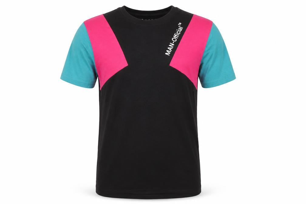 boohooMAN Men’s Colourblock Retro Black Pink Blue T-Shirt Size S