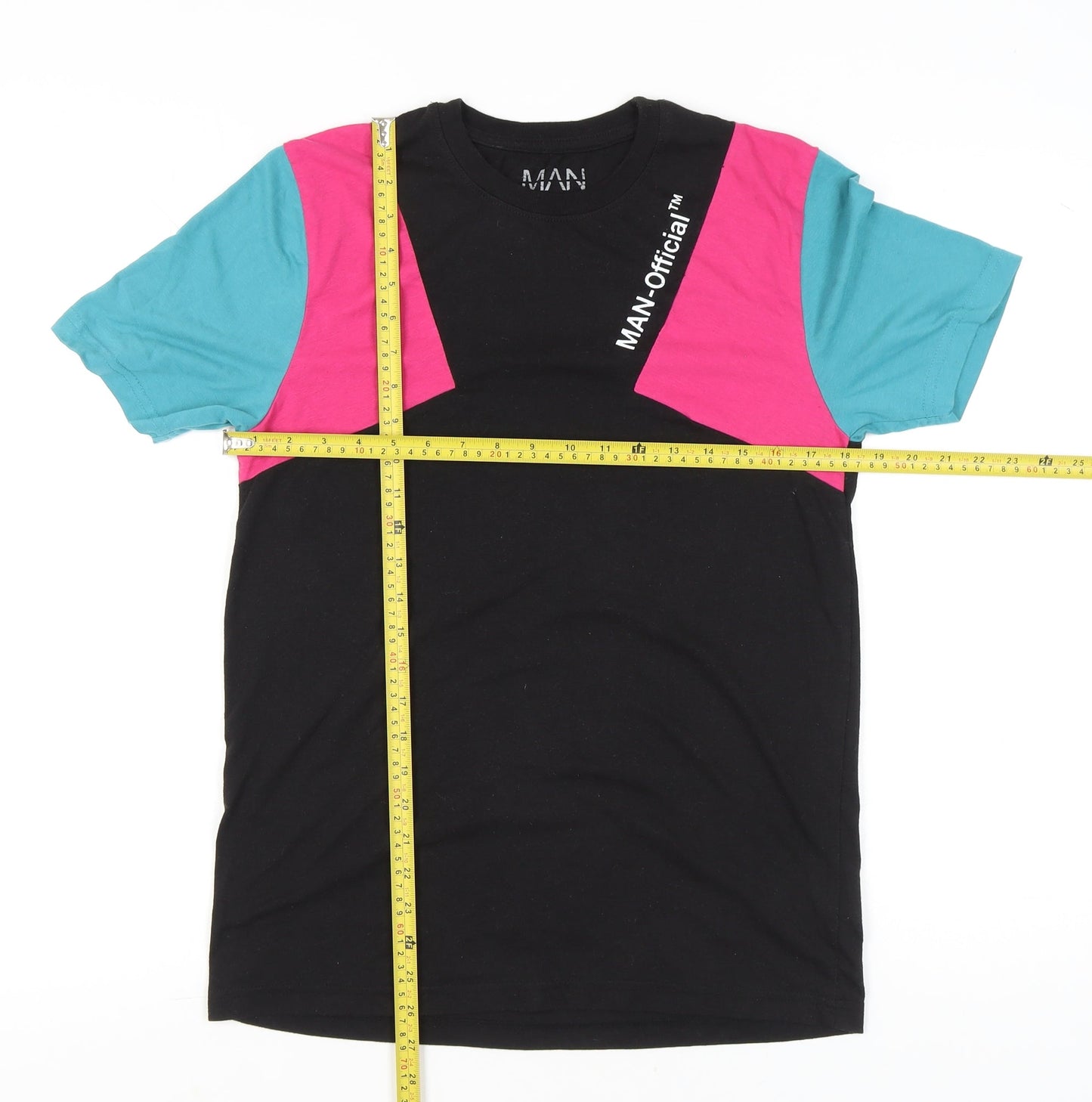 boohooMAN Men’s Colourblock Retro Black Pink Blue T-Shirt Size S