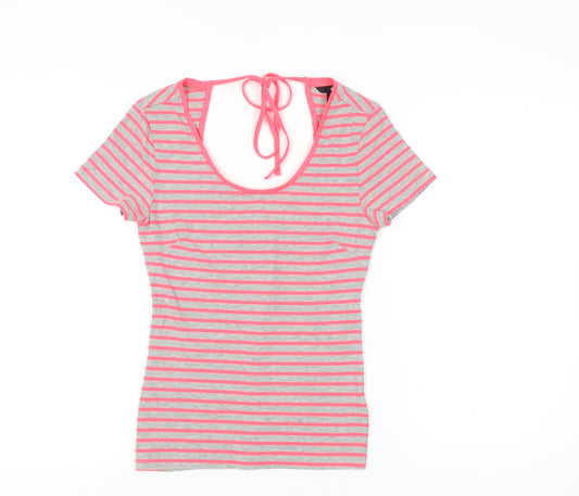 H&M Women’s Grey Pink Striped Slim Fit Scoop Neck T-Shirt Size S