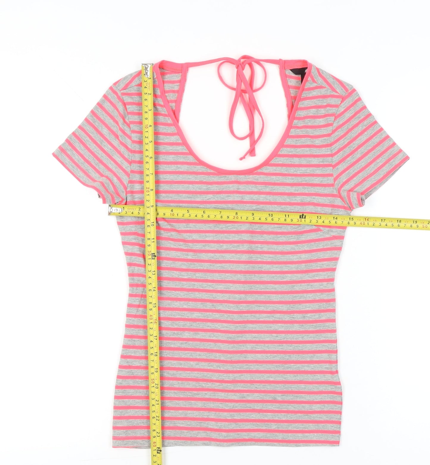 H&M Women’s Grey Pink Striped Slim Fit Scoop Neck T-Shirt Size S
