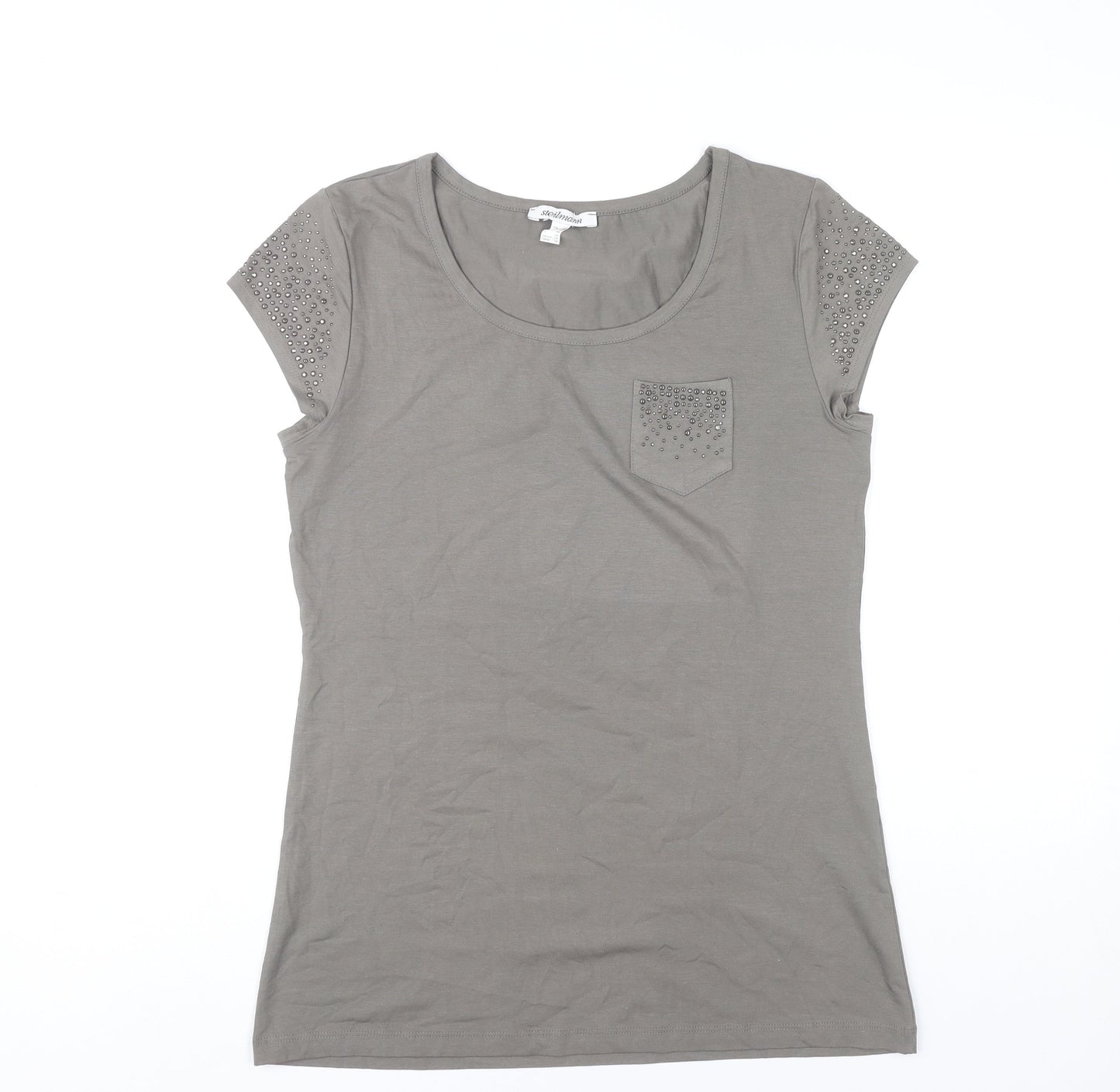 Steilmann Womens Grey T-Shirt Size 14 Studded Scoop Neck Stretch
