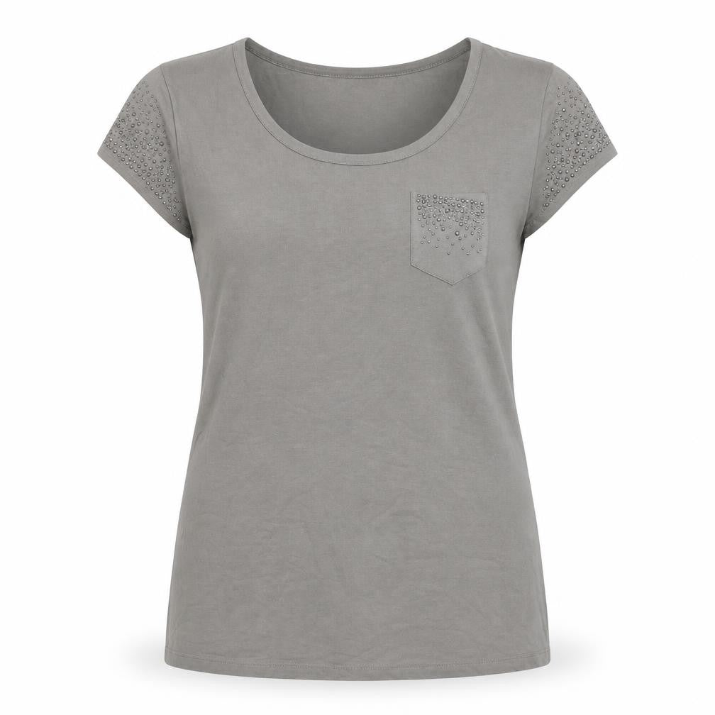 Steilmann Womens Grey T-Shirt Size 14 Studded Scoop Neck Stretch