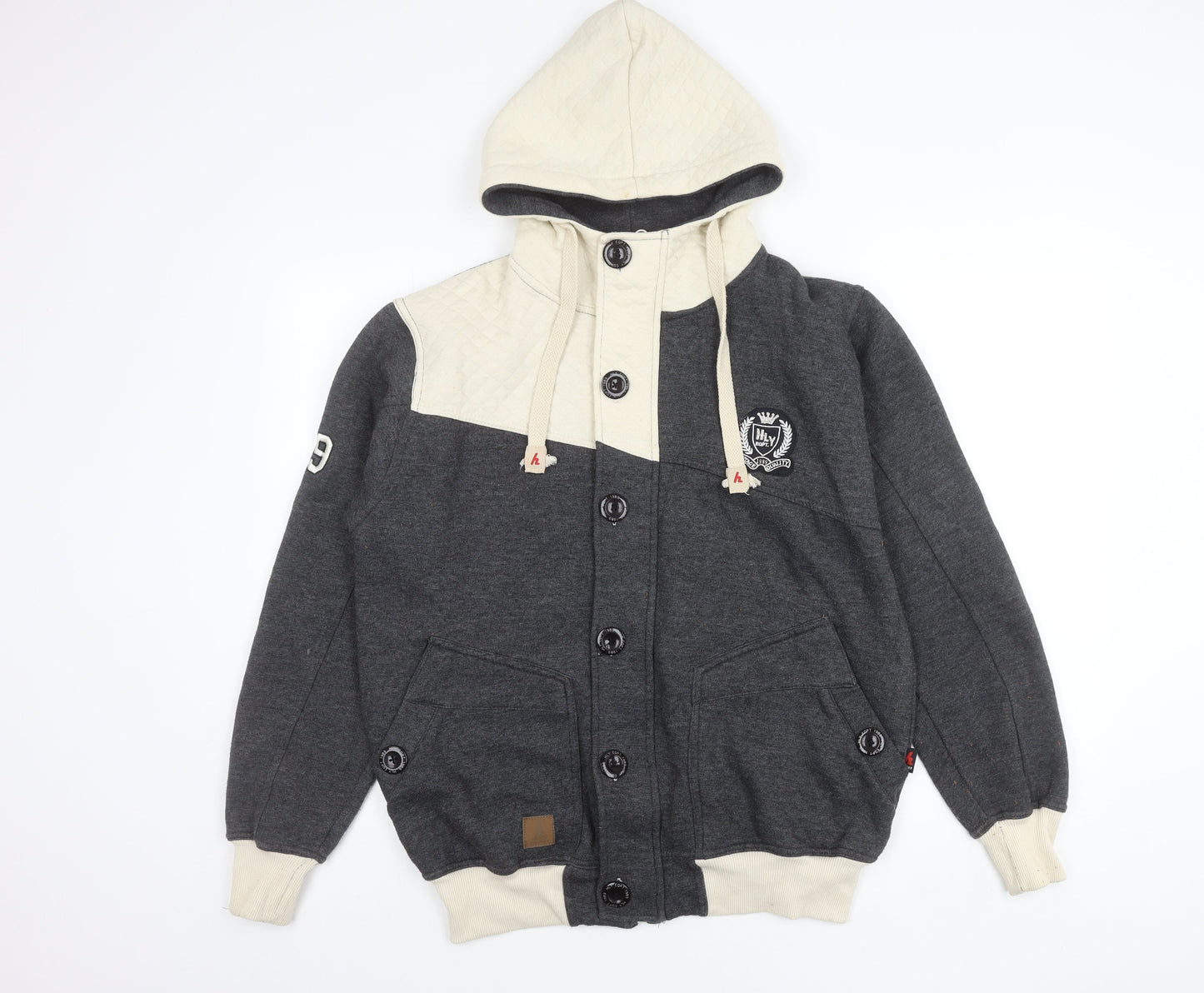 HLYEQPT. Men’s Grey White Varsity Hooded Jacket Size L Cotton Blend