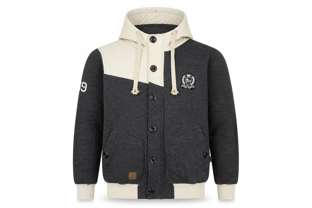 HLYEQPT. Men’s Grey White Varsity Hooded Jacket Size L Cotton Blend