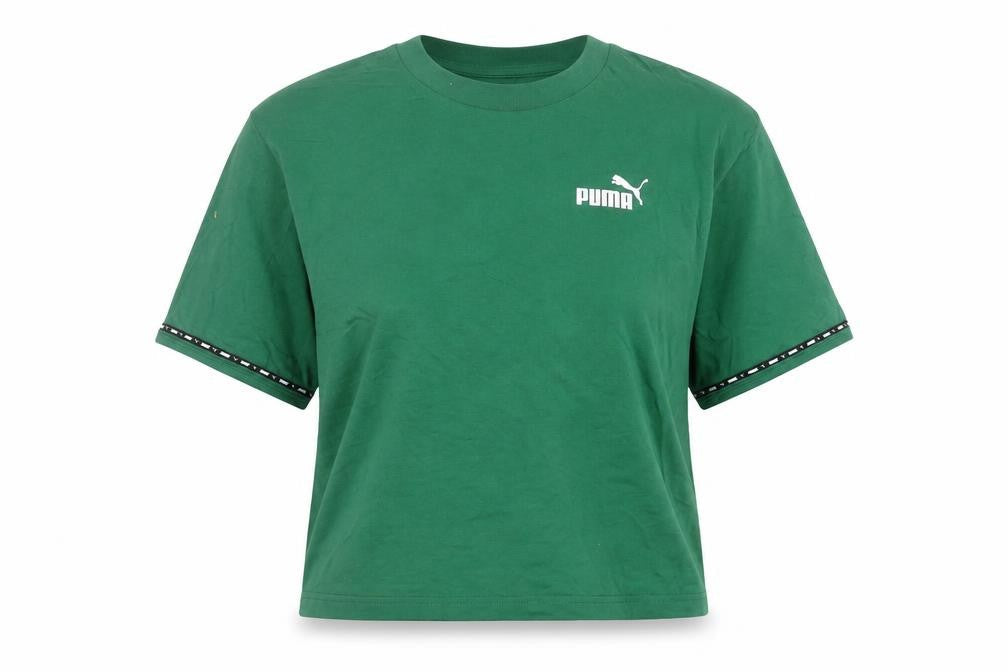 Puma Womens Green Cropped T-Shirt Size S Crew Neck Logo Casual Top