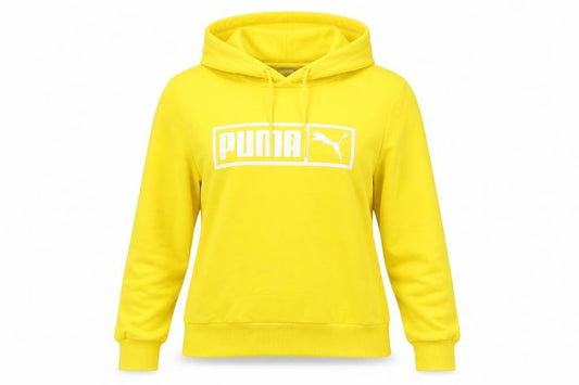 Front view of Puma women’s yellow hoodie small cotton blend pullover logo sportswear