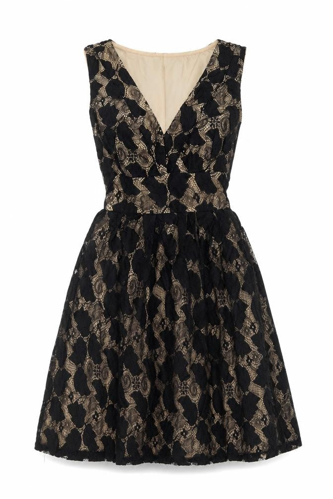 Yumi Women’s Black Beige Lace A-Line Cocktail Dress Size 10