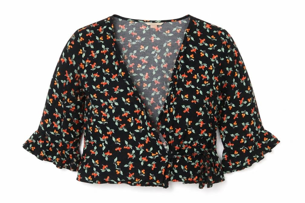 H&M Women’s Black Floral Wrap Blouse Size 10 3/4 Sleeve Viscose
