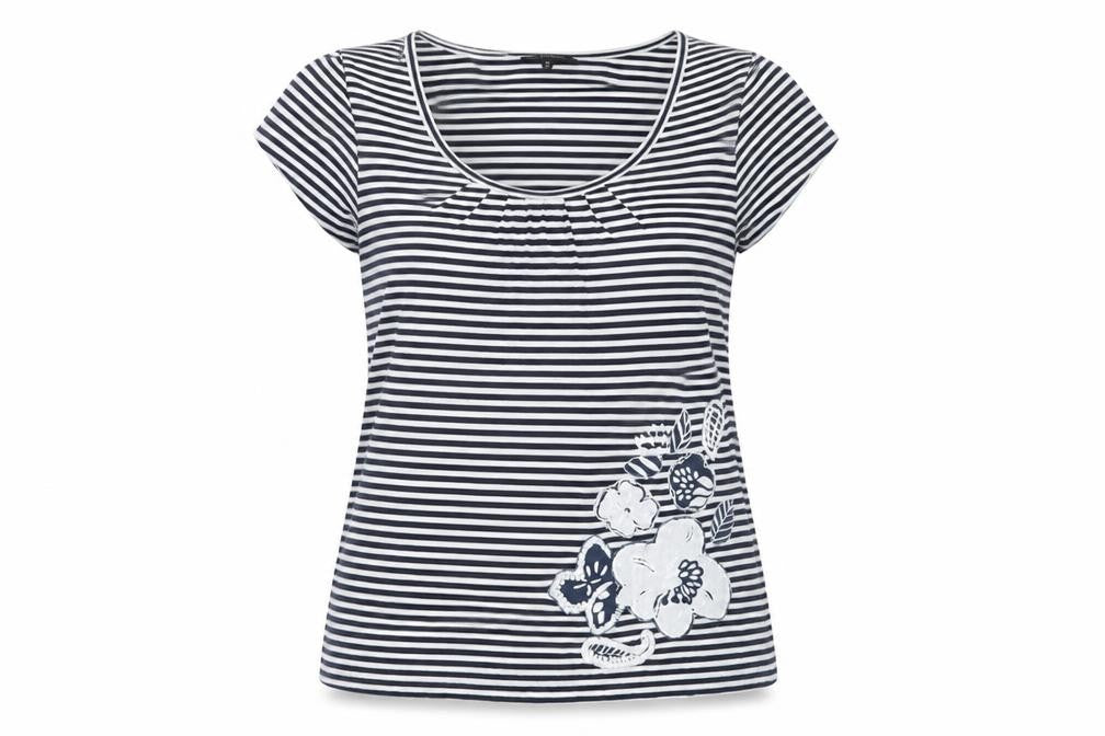Pomodoro Womens Blue Striped Floral Cotton T-Shirt Size 12