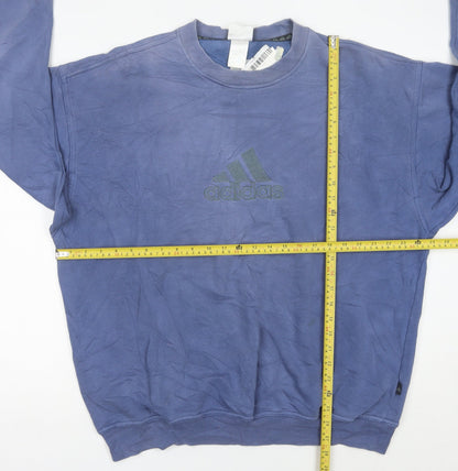 Back view of Adidas men’s blue logo pullover sweatshirt, size L, crew neck