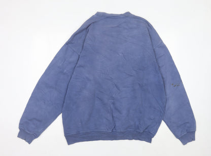 Close-up detail of Adidas men’s blue logo pullover sweatshirt, size L, crew neck