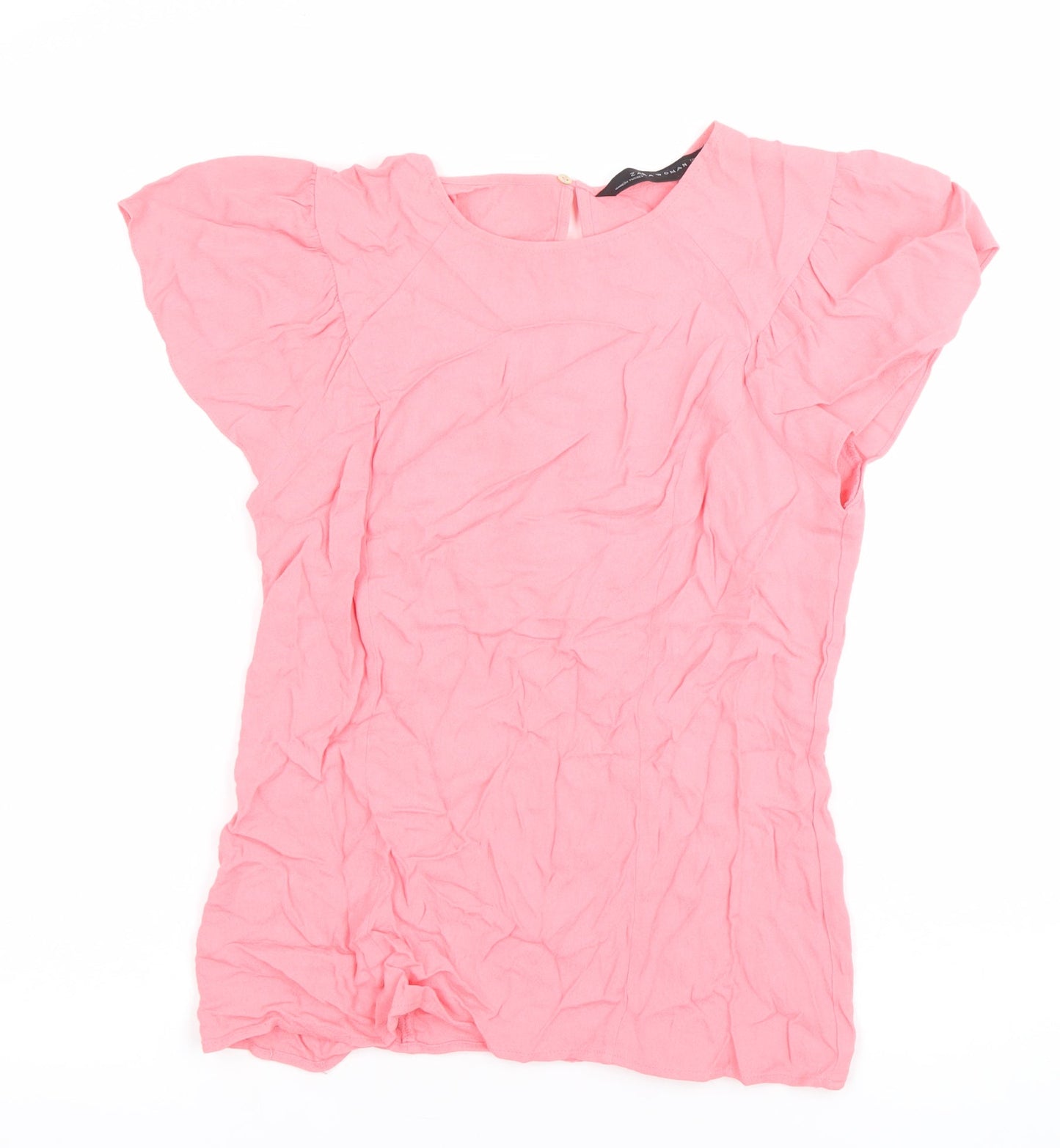 Zara Women Pink Flutter Sleeve Blouse Size L Round Neck Casual