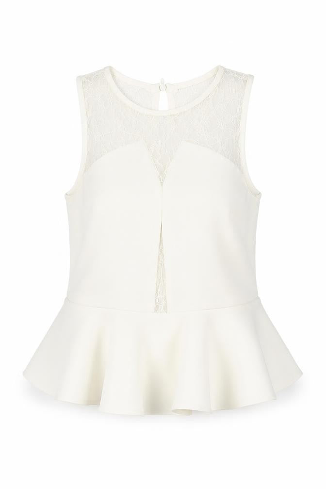 Tally Weijl Womens Ivory XS Sleeveless Lace Peplum Blouse