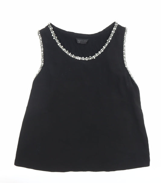 Topshop Women Black Beaded Round Neck Sleeveless Blouse Size 10