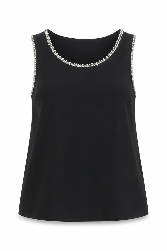 Topshop Women Black Beaded Round Neck Sleeveless Blouse Size 10