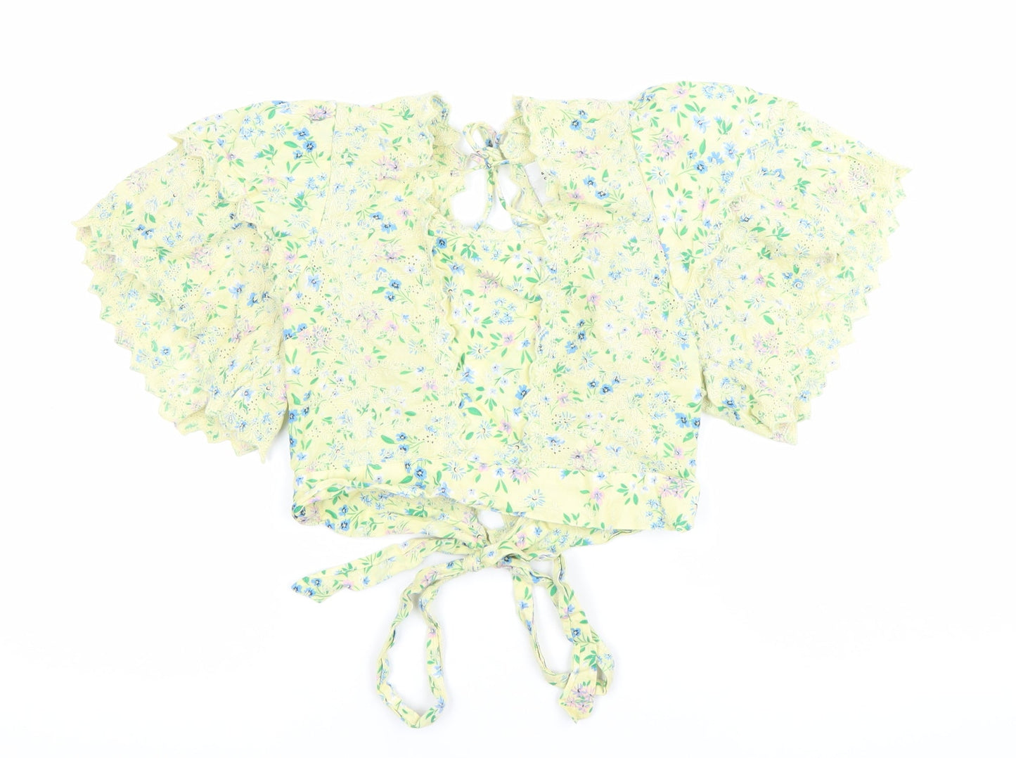 Topshop Women Yellow Floral Wrap Ruffle Blouse Size 12