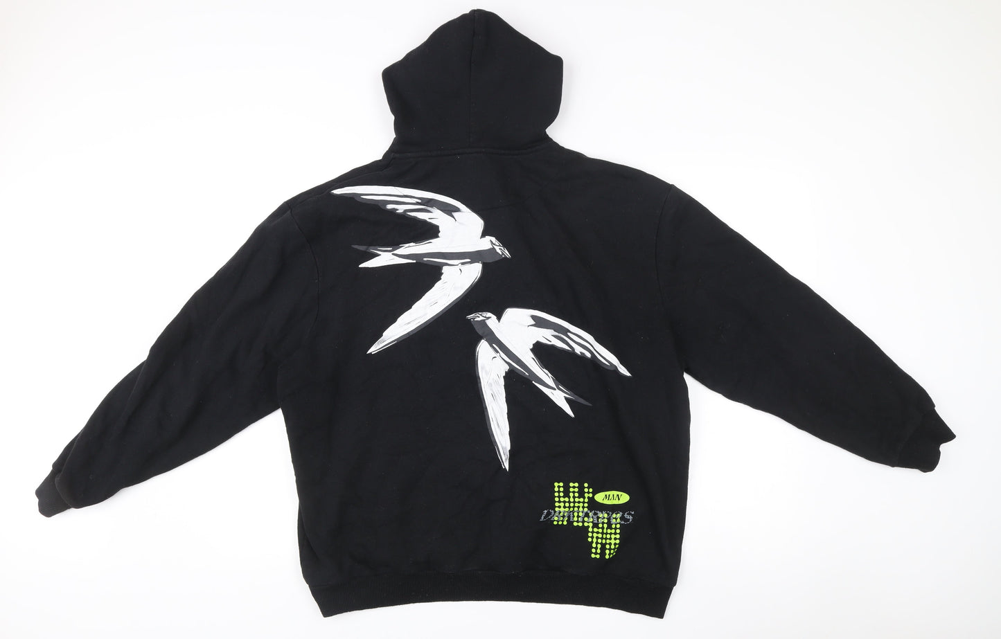 boohooMAN Men’s Black Pullover Hoodie M Logo Rhinestone Bird Graphic