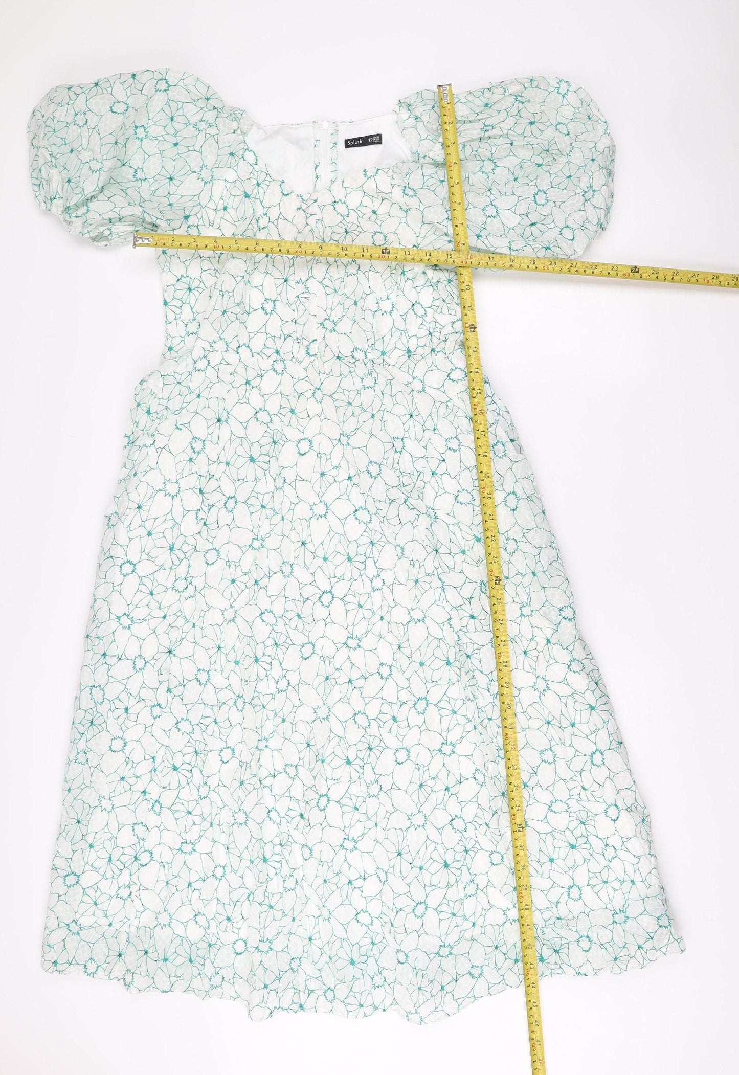 Splash Women’s White Floral A-Line Dress UK 12 Short Puff Sleeve