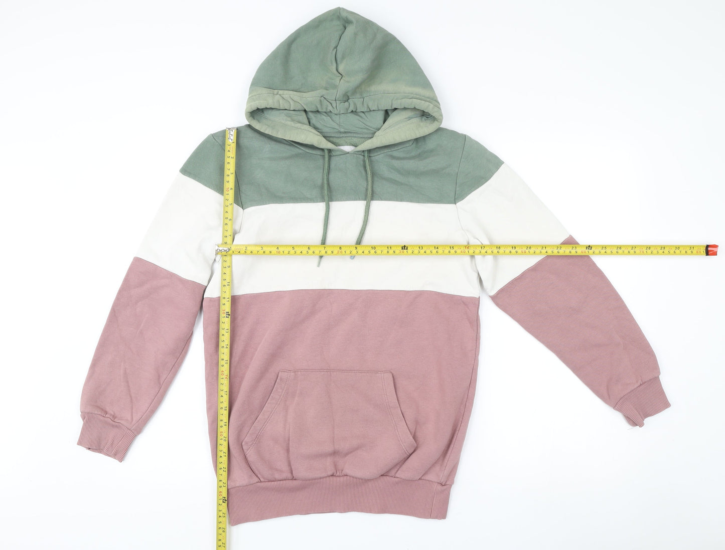 Next Men’s Pullover Hoodie Green White Pink Striped Size S Regular Fit