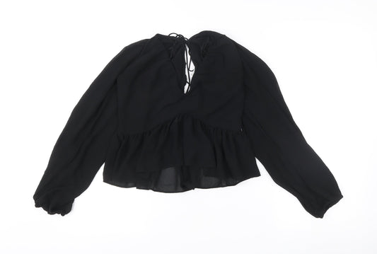 Women's Black Chiffon Ruffle Tunic Blouse Size 8 Long Sleeve V-Neck
