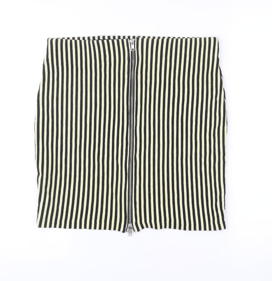 Women's Black Striped Pencil Skirt M Cotton Blend Zip Casual