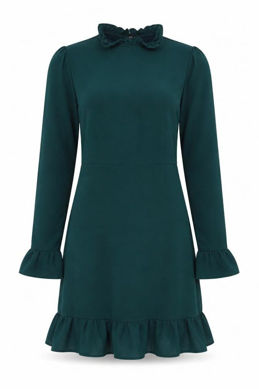 ASOS DESIGN Women’s Green Shift Dress Size 8 Ruffle Hem Long Sleeve