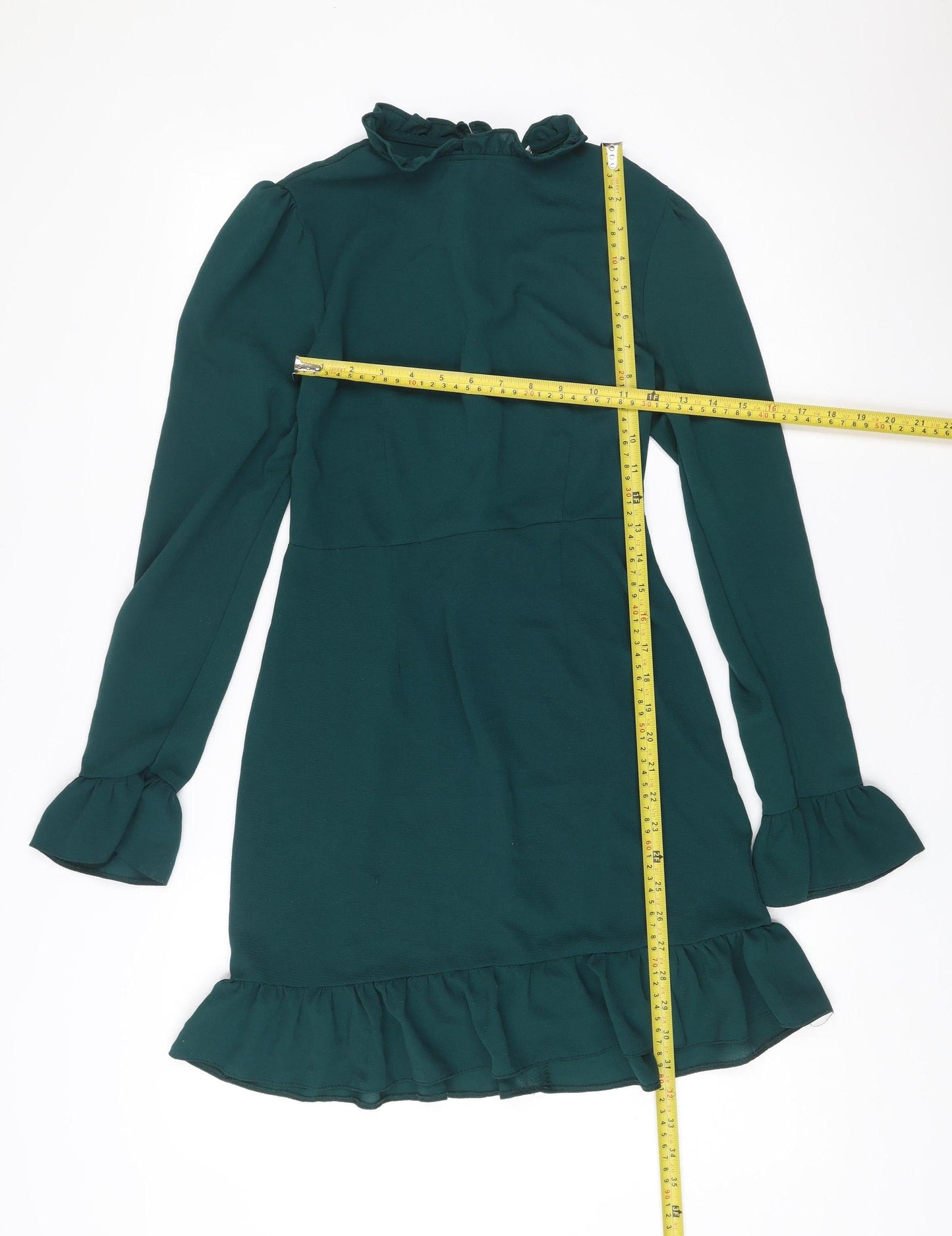 ASOS DESIGN Women’s Green Shift Dress Size 8 Ruffle Hem Long Sleeve