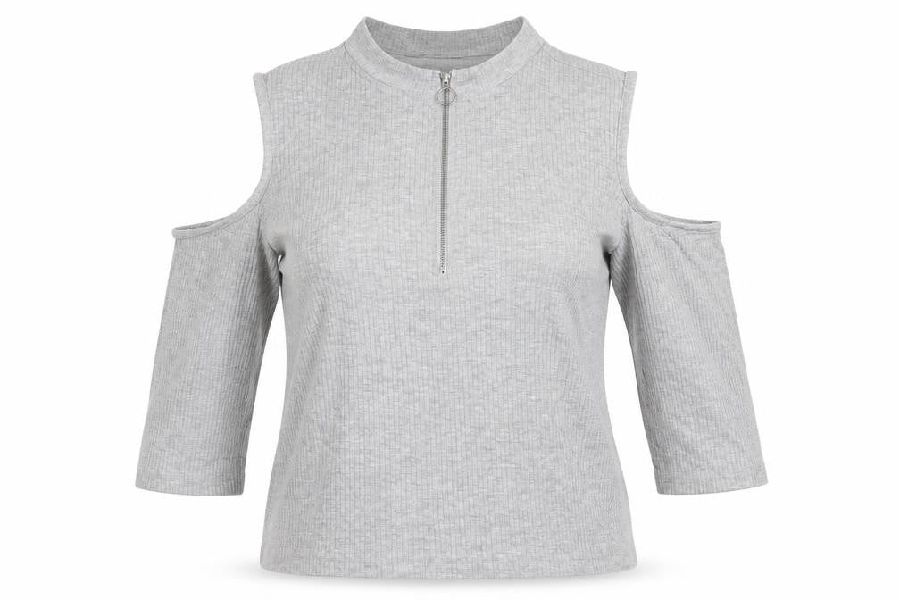 Vero Moda Women’s Grey XL Mock Neck Cold Shoulder Zip Top