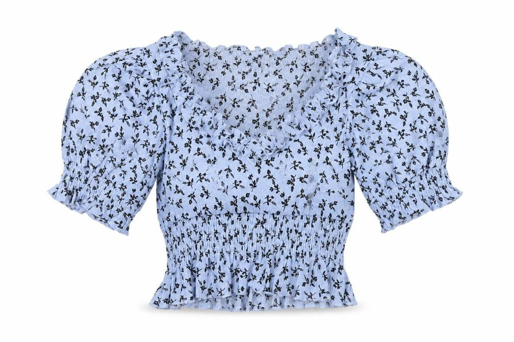 Topshop Petite Womens Blue Floral Puff Sleeve Cropped Blouse UK 10