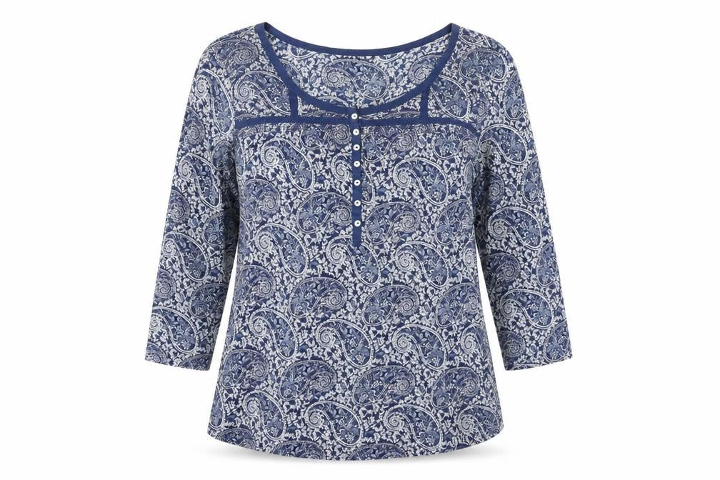 H&M Women’s Blue Paisley 3/4 Sleeve Tunic Blouse Size L Cotton