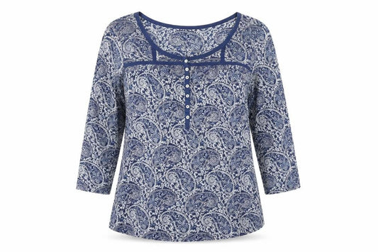 H&M Women’s Blue Paisley 3/4 Sleeve Tunic Blouse Size L Cotton