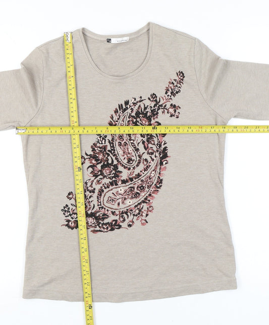 VIZ-A-VIZ Womens Beige 3/4 Sleeve Floral Paisley T-Shirt Size 12
