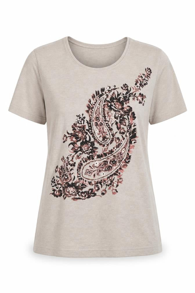VIZ-A-VIZ Womens Beige 3/4 Sleeve Floral Paisley T-Shirt Size 12