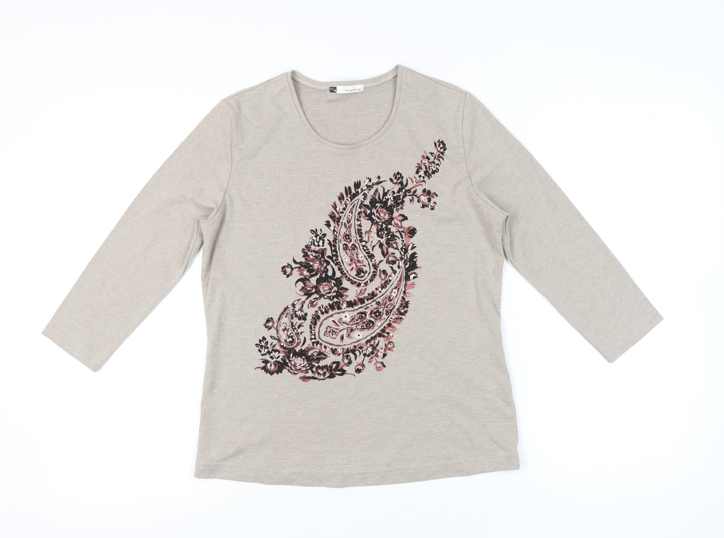VIZ-A-VIZ Womens Beige 3/4 Sleeve Floral Paisley T-Shirt Size 12