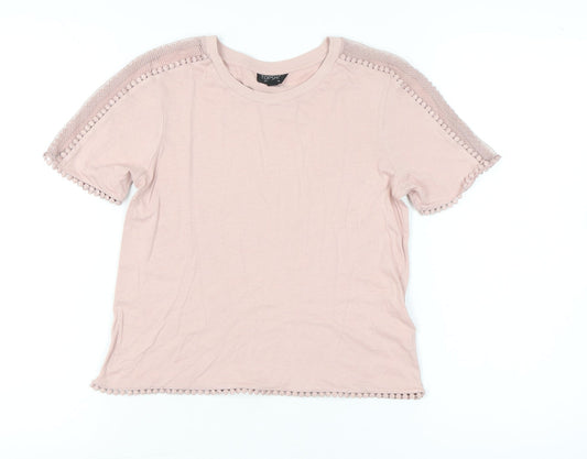 Topshop Women Pink Size 6 Short Sleeve Crochet Trim T-Shirt