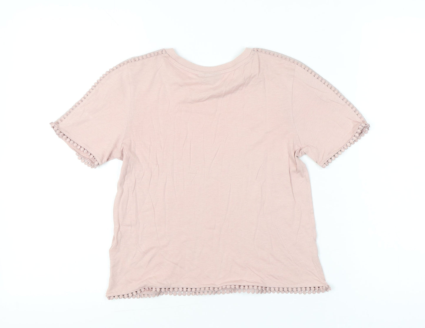 Topshop Women Pink Size 6 Short Sleeve Crochet Trim T-Shirt