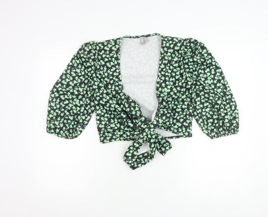 ASOS Women’s Black Floral Puff Sleeve Cropped Tie Blouse UK 8
