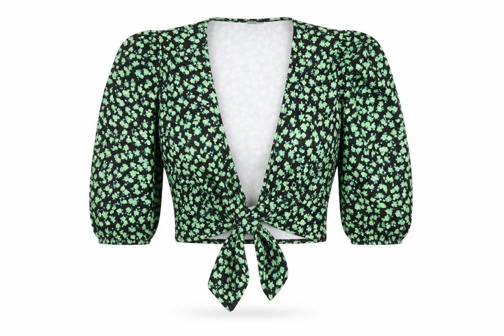 ASOS Women’s Black Floral Puff Sleeve Cropped Tie Blouse UK 8