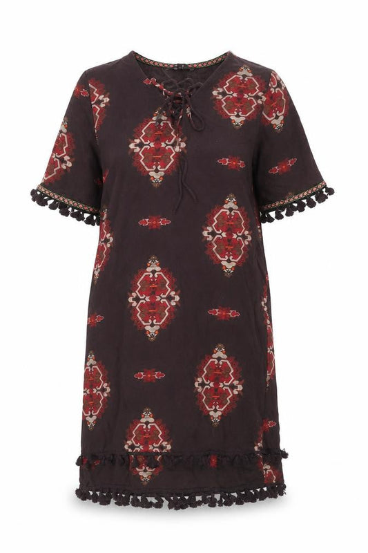 Next Womens Brown Boho Shift Dress Size 12 Cotton Tassel V-Neck