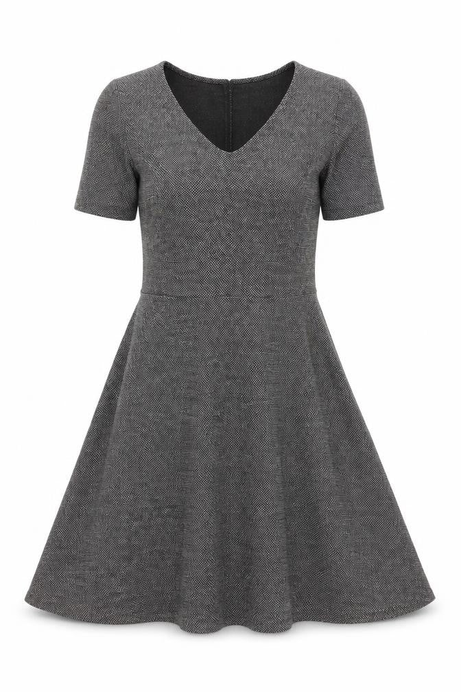 H&M Women’s Grey Fit & Flare Dress Size S V-Neck Knee Length